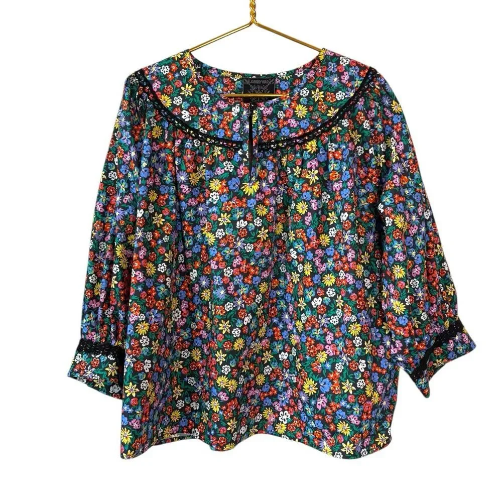 Johnny Was Jade NWT Dark Floral Puff Balloon Sleeve RISA POPLIN‎ BLOUSE XL